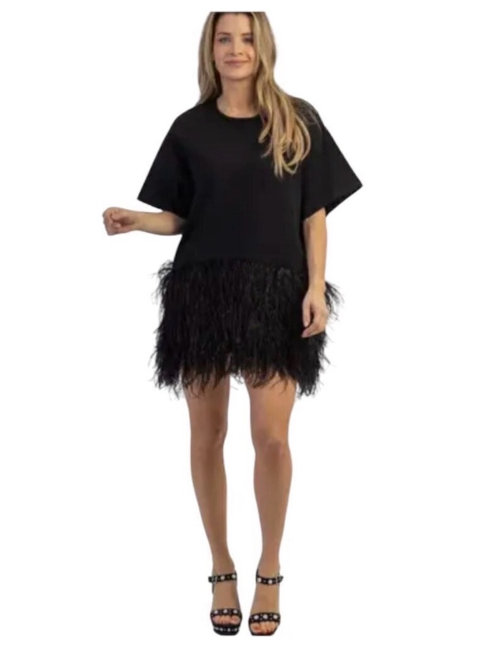 Black Feather Trim Mini Dress Size L